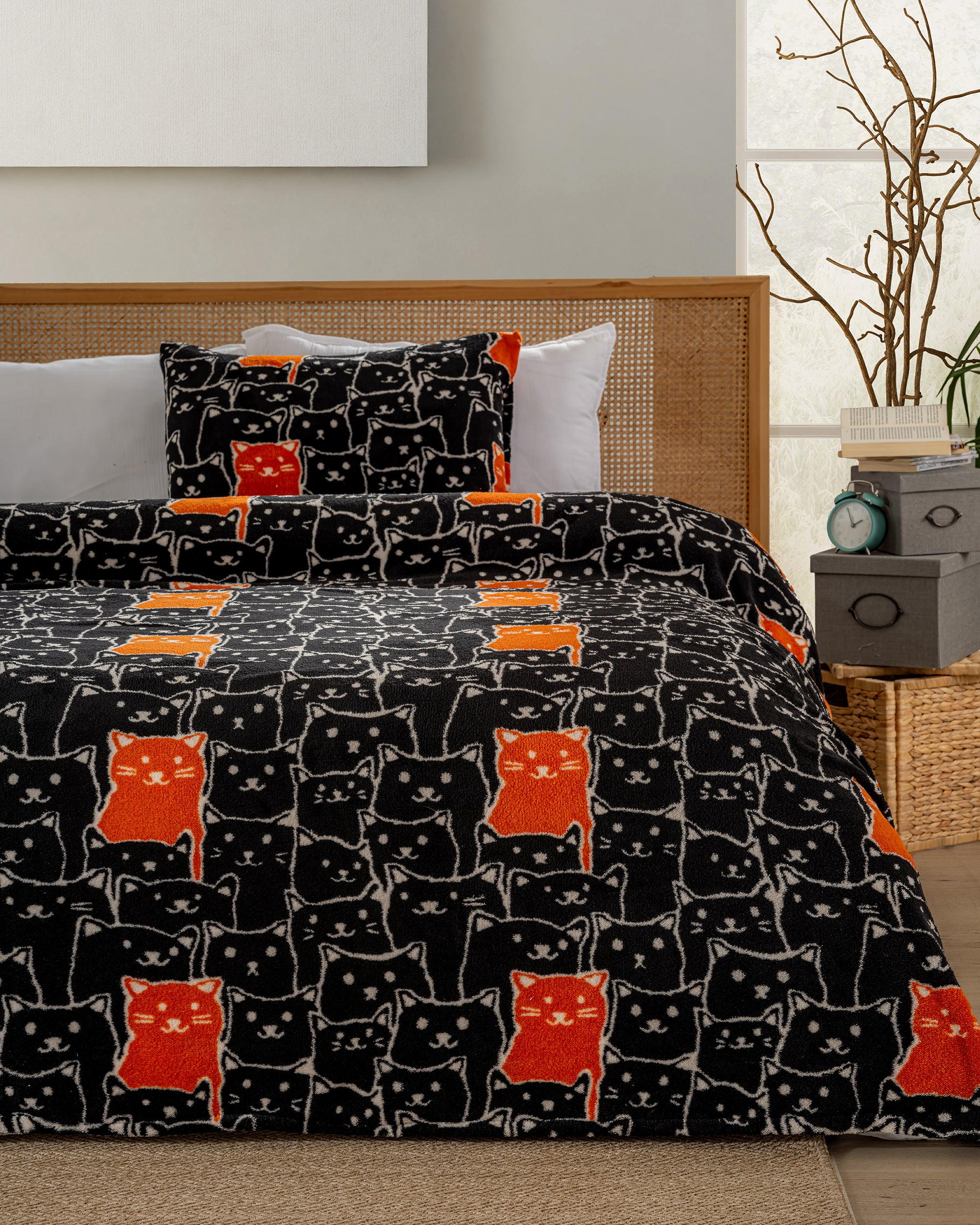 Siyah Kedi Desenli Çift Kişilik Wellsoft Yorgan & Yastık Kılıfı