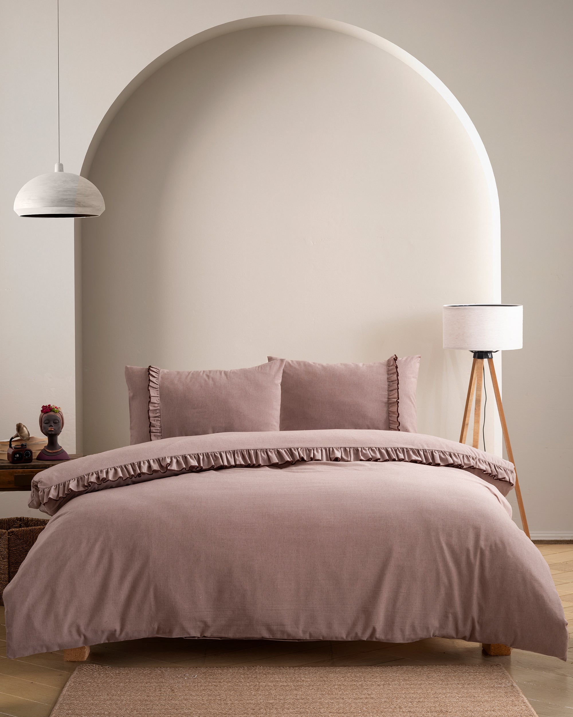 Fırfırlı Düz Renk Pamuklu Çift Kişilik Nevresim Takımı (Çarşafsız)