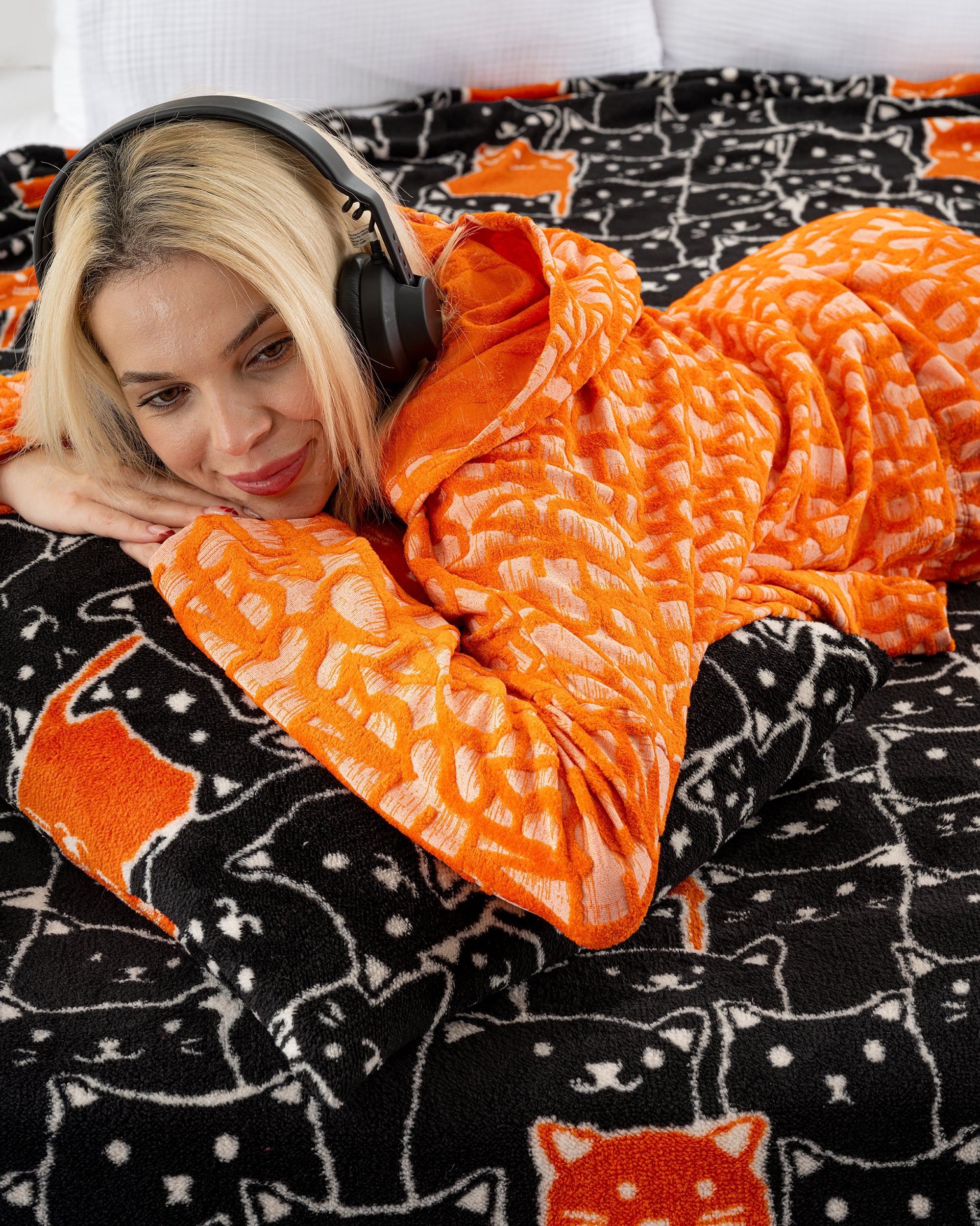 Siyah Kedi Desenli Çift Kişilik Wellsoft Yorgan & Yastık Kılıfı