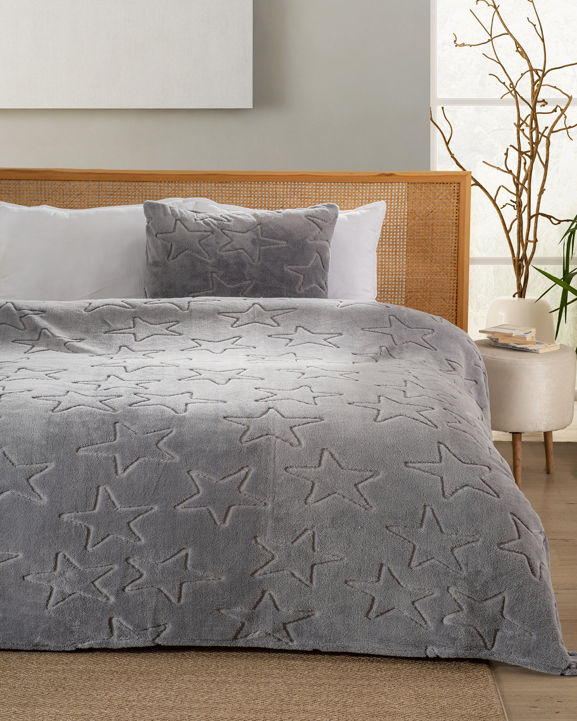 Gri Yıldız Desenli Wellsoft Battaniye & Yastık Kılıfı